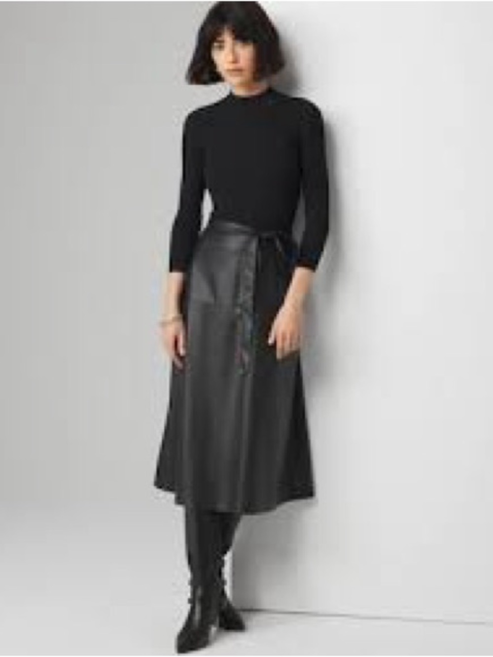 EUC White House Black Market 3/4 Sleeve Faux-Leather Midi Skirt Dress Black Sz 4